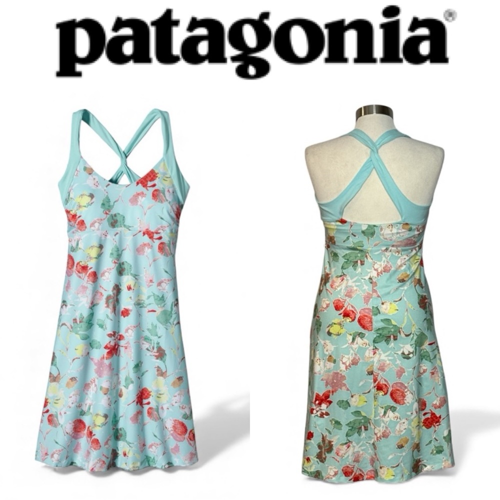 PATAGONIA JERSEY KNIT MORNING GLORY SHELF BRA CROSS BACK SLEEVELESS MIDI DRESS